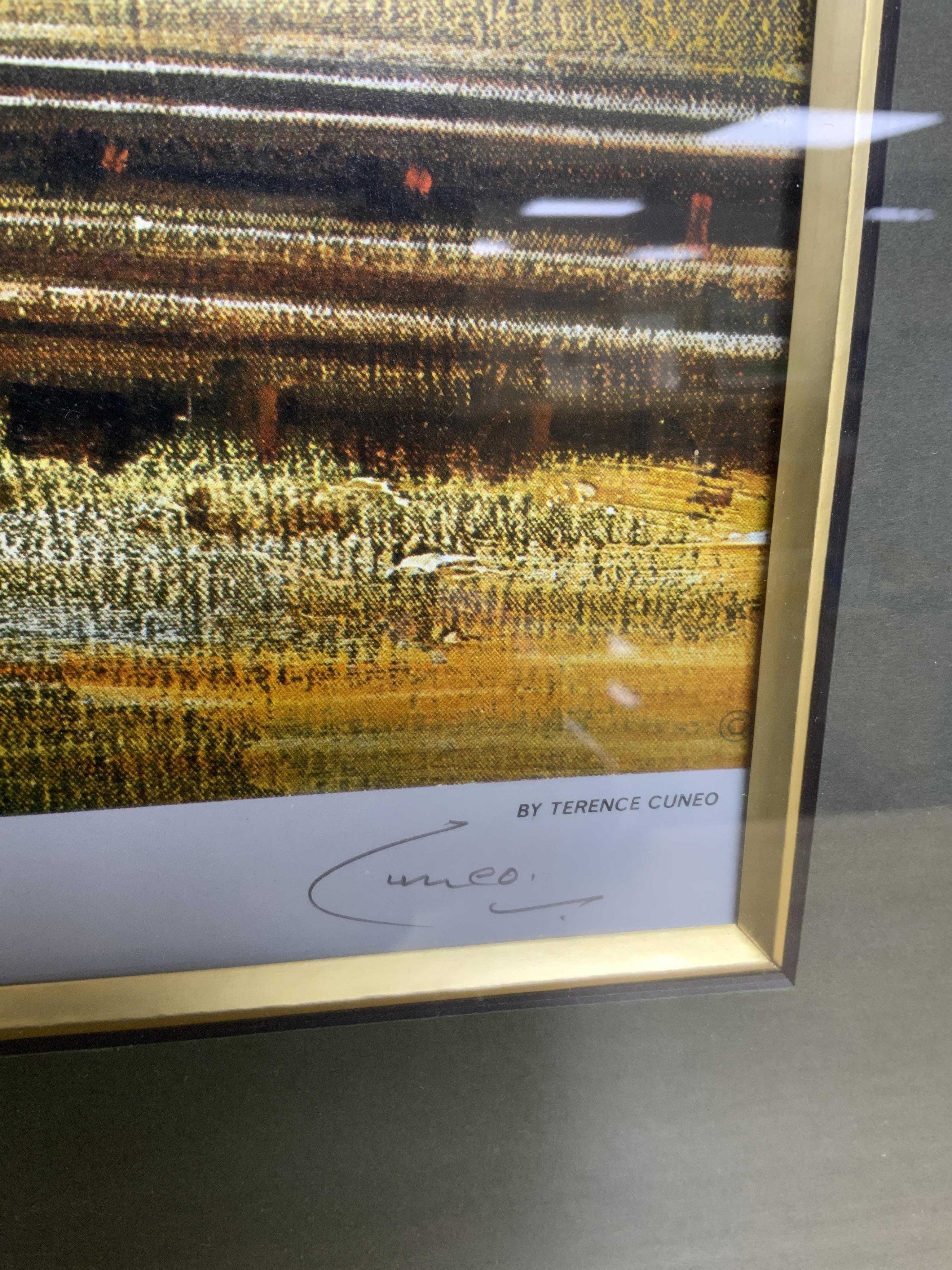 Terrence Cuneo, a signed framed railway print; ‘Night King’, of GWR King class 4-6-0 tender locomotive, King George V, running at night, signed in pencil with dedication within the margin, overall dimensions; 73.5 x 115.